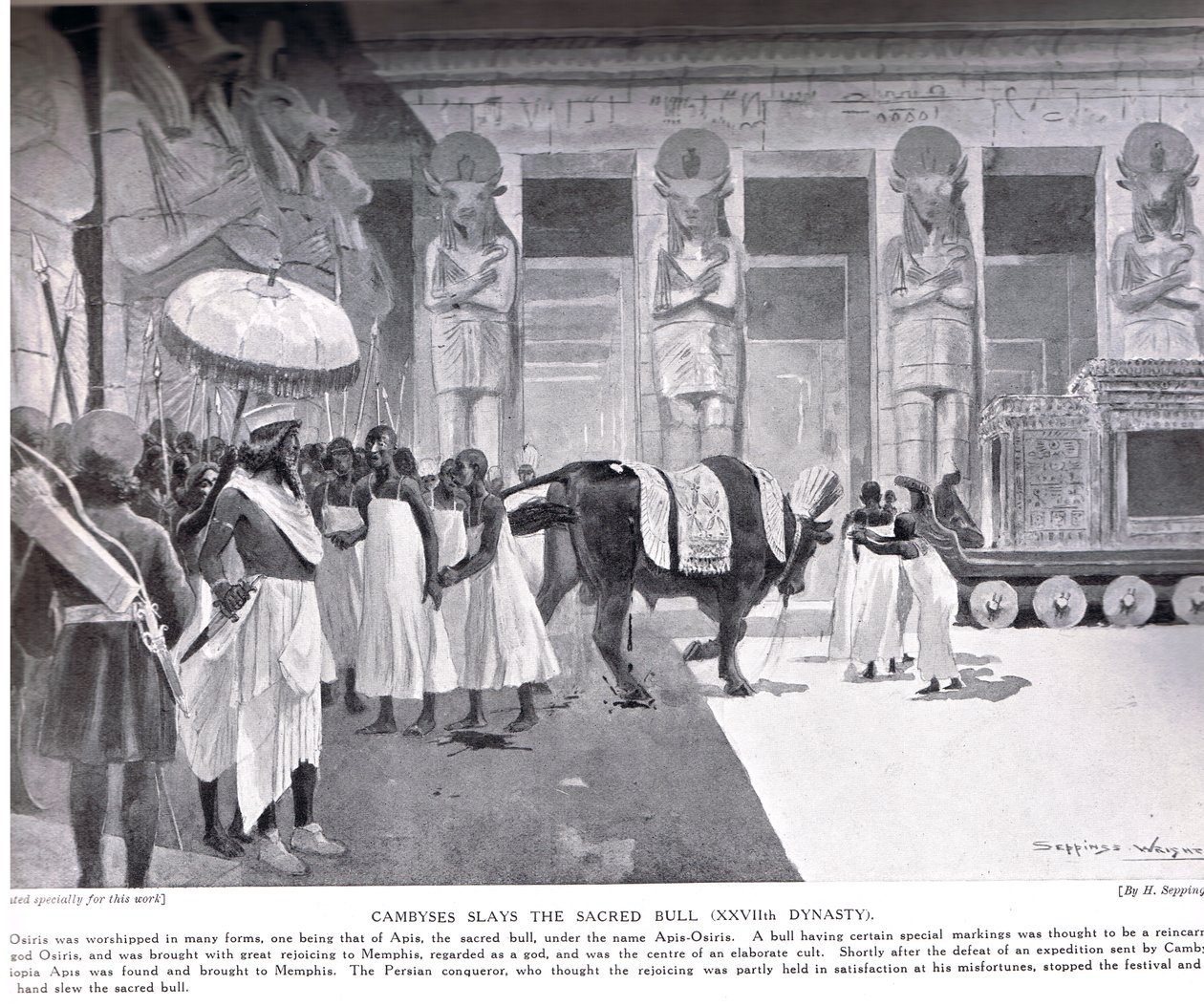 Cambyses zabíjí posvátného býka, ilustrace z „Hutchinsonovy historie národů“, kolem roku 1910 od Henry Charles Seppings Wright
