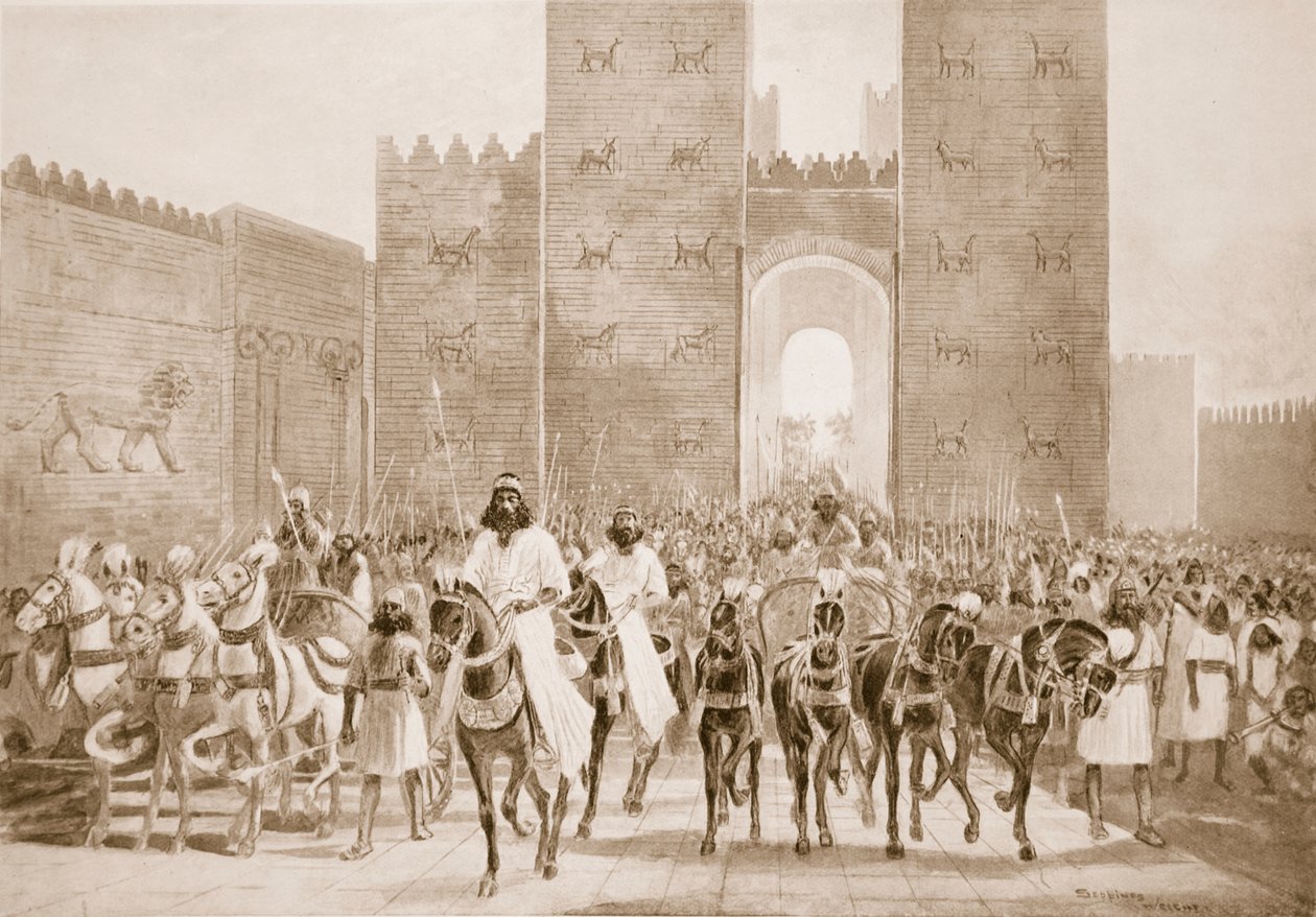 Vchod Kýra do Babylonu, ilustrace z „Hutchinsonových dějin národů“ od Henry Charles Seppings Wright
