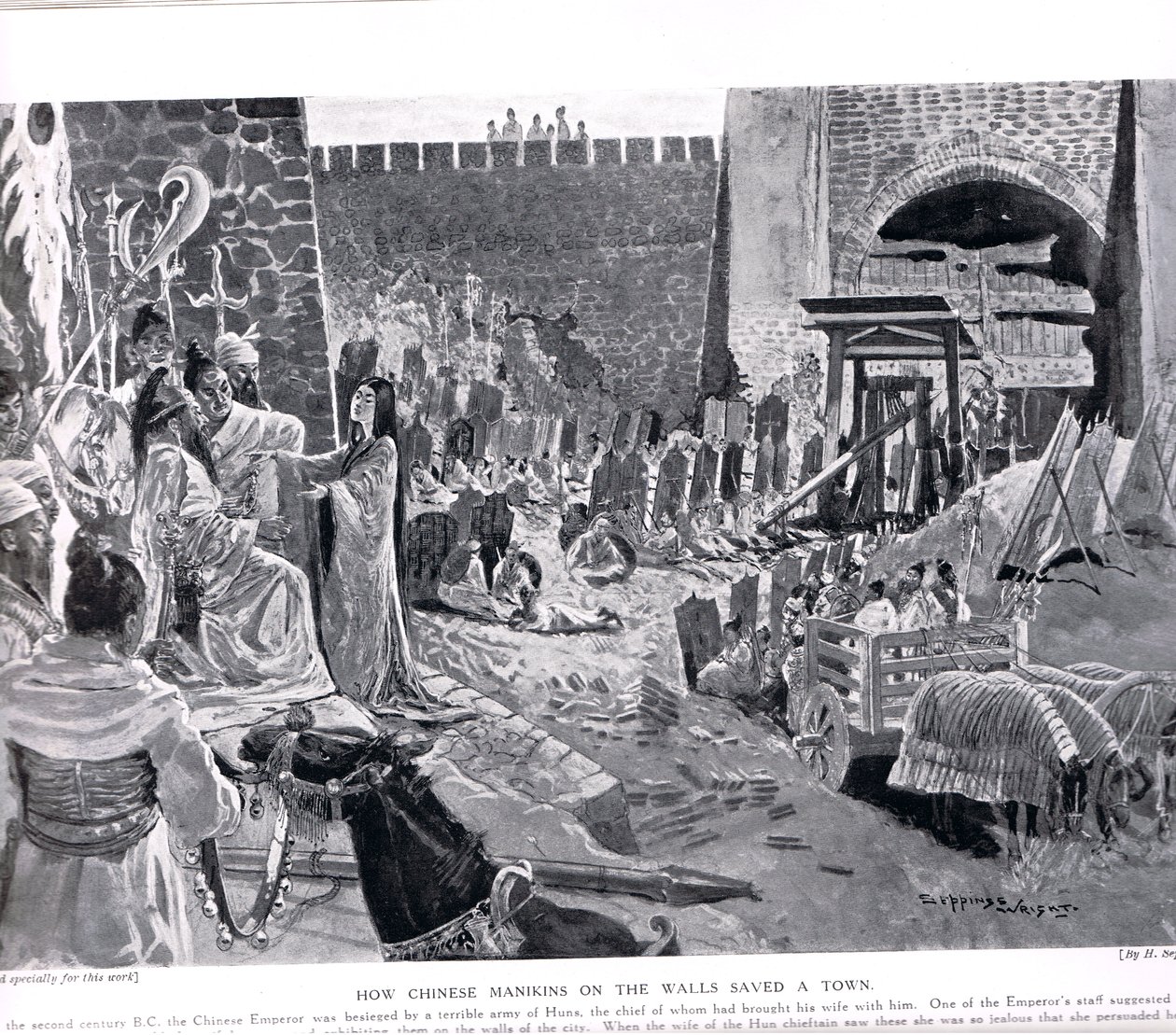Jak čínské figuríny na zdi zachraňují město, ilustrace z „Hutchinsonových dějin národů“, kolem roku 1920 od Henry Charles Seppings Wright