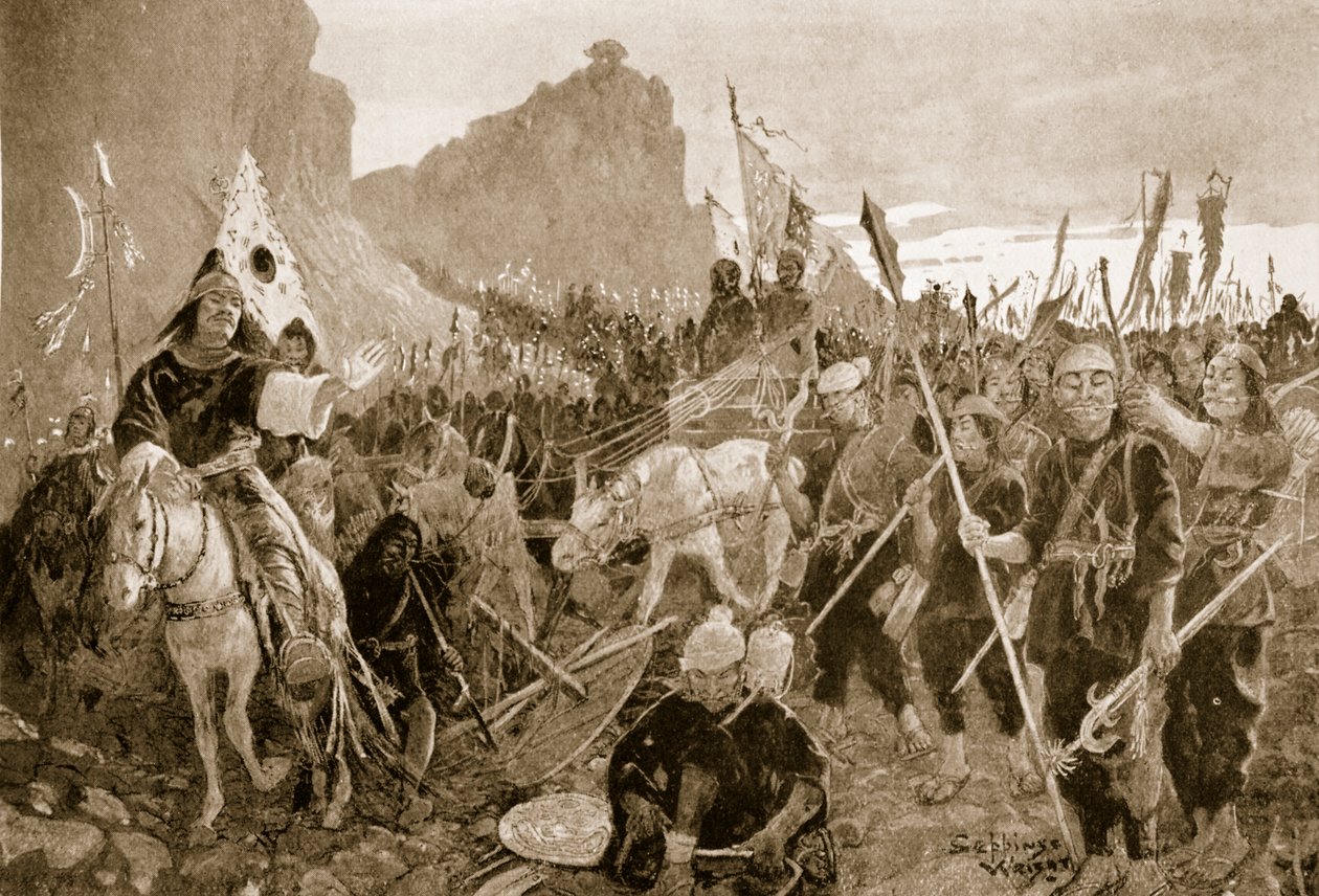 Vojáci s ‚kousky‘ v ústech, ilustrace z ‚Hutchinsons History of the Nations‘, kolem roku 1920 od Henry Charles Seppings Wright