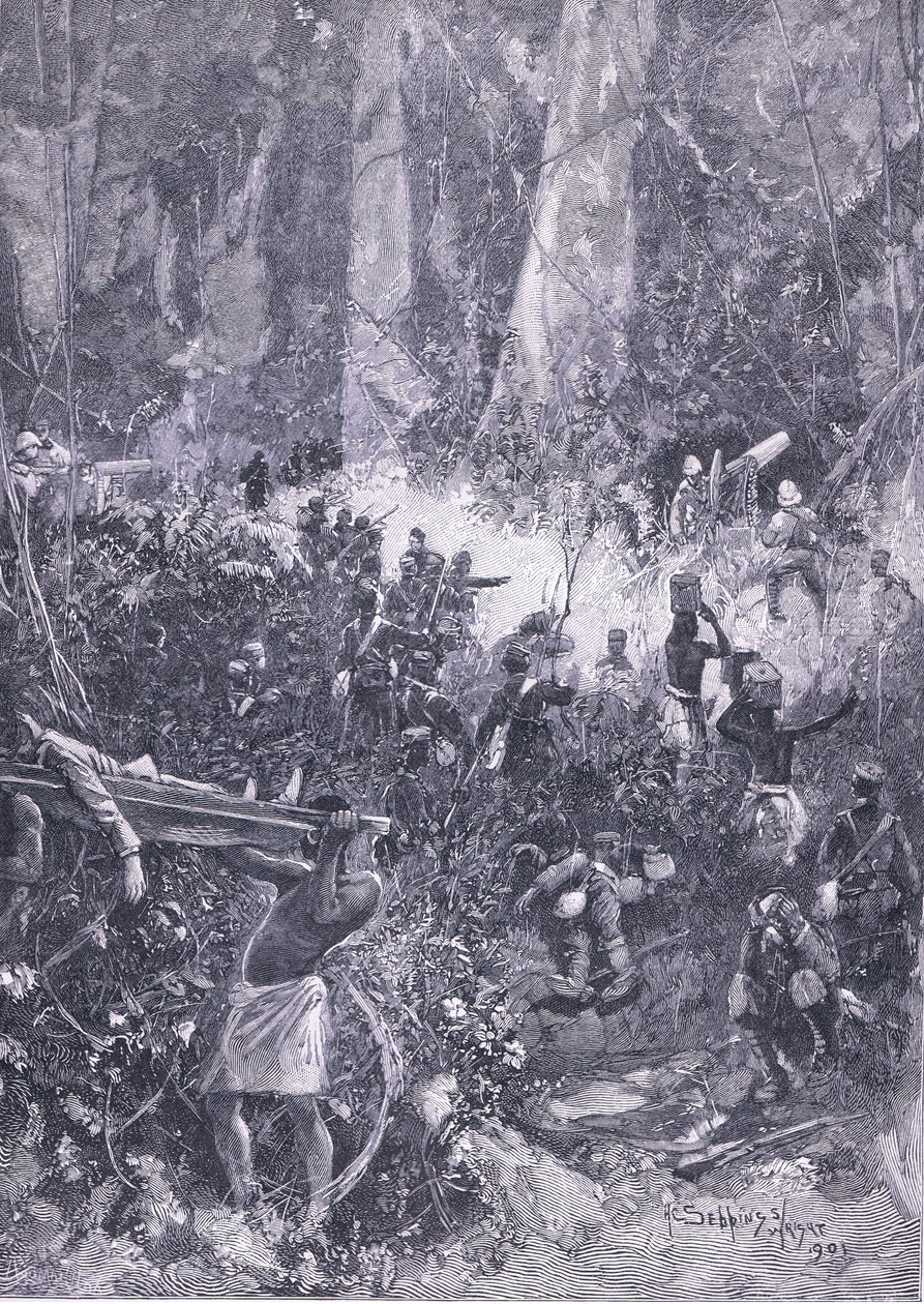 Válka Ashanti 1900: Boj v lese, ilustrace z Cassells History of England, 1900 od Henry Charles Seppings Wright