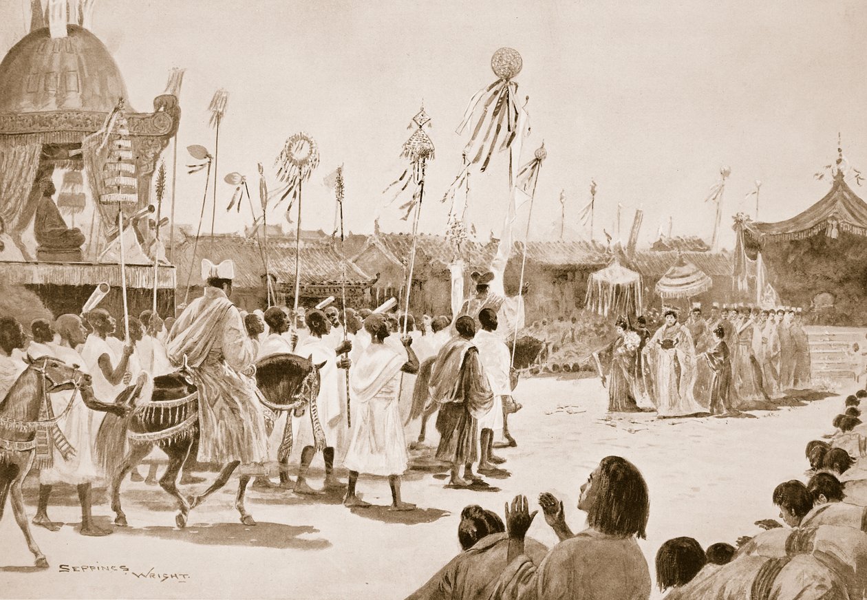 Návrat Fa Hsiena, ilustrace z Hutchinsonovy Historie národů, cca 1910. od Henry Charles Seppings Wright