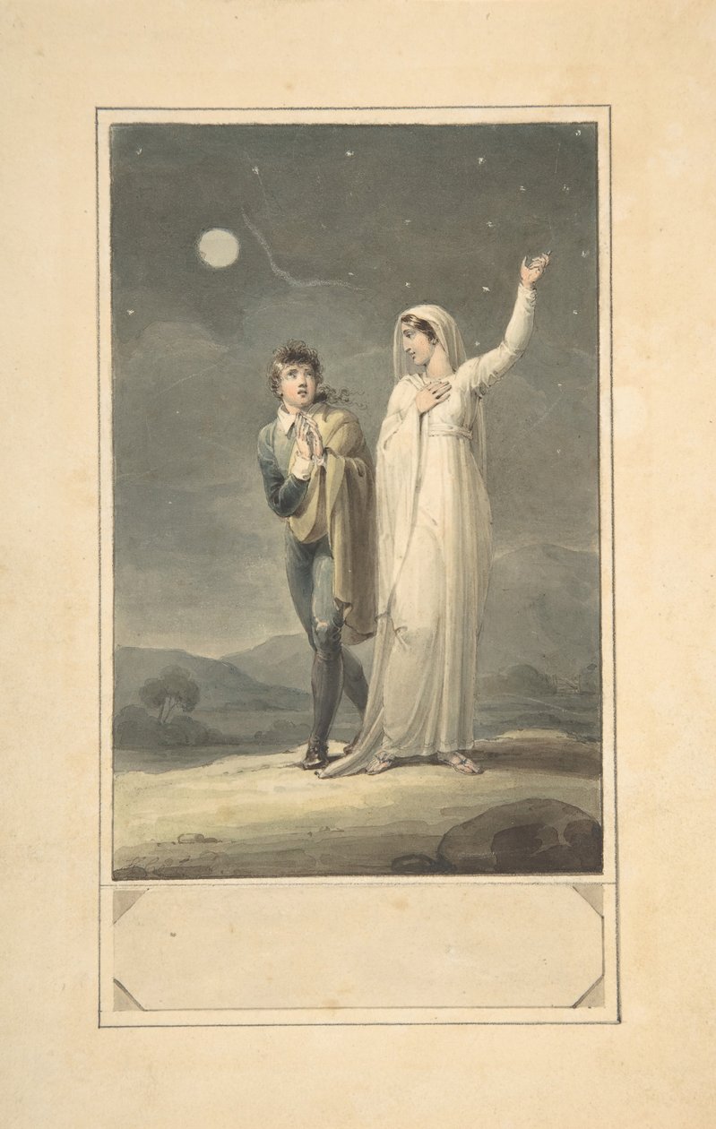 Návrh Noční krajina se dvěma postavami pro rytou knižní ilustraci, 1807-44. od Henry Corbould