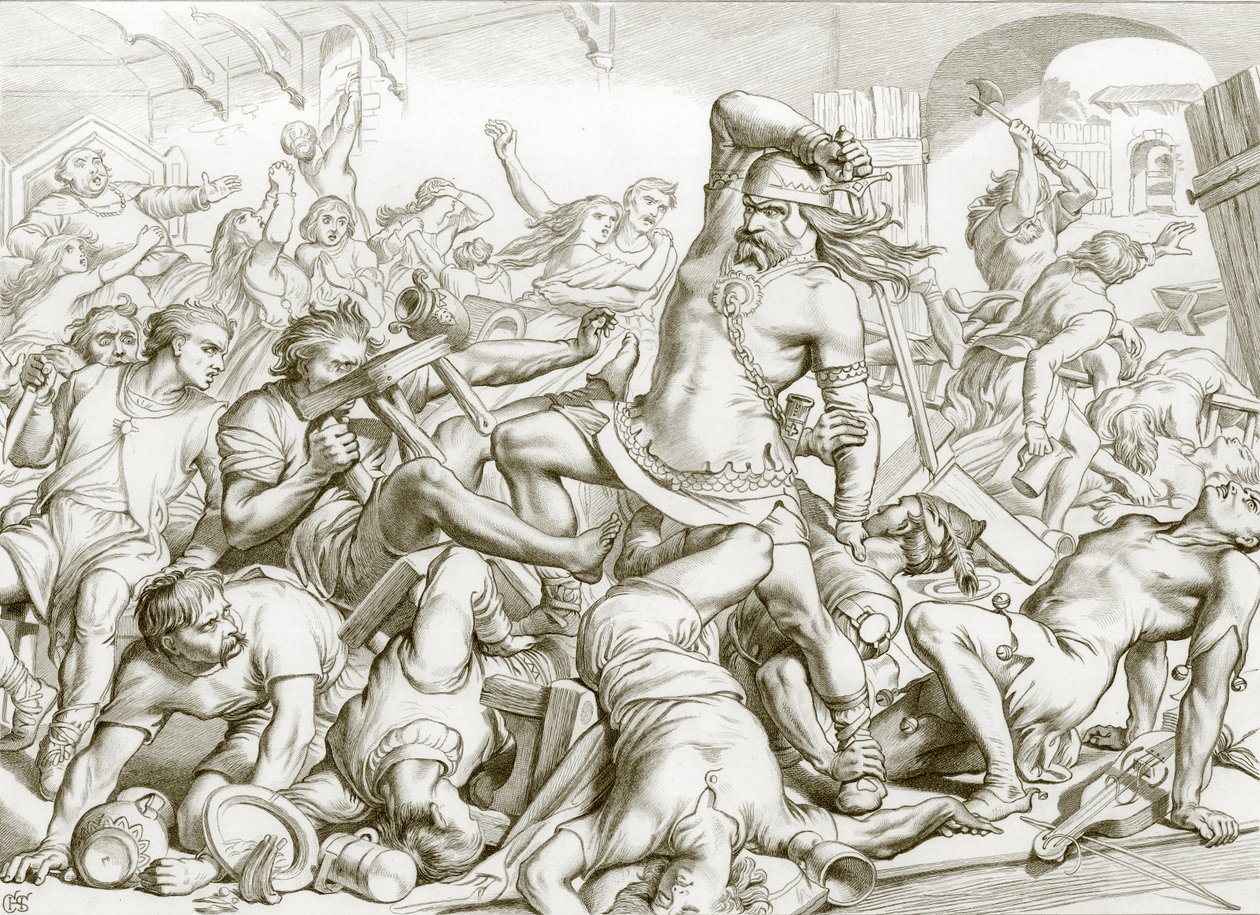 Jak Hereward zbavil Bournea Francouzů (rytina) od Henry Courtney (after) Selous