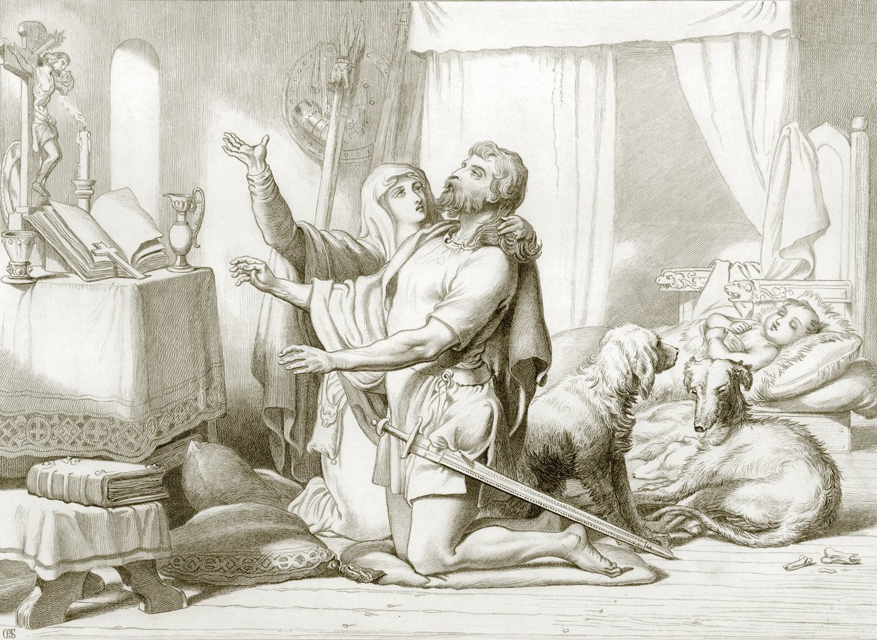Jak Torfrida učí Herewarda modlit se (rytina) od Henry Courtney (after) Selous