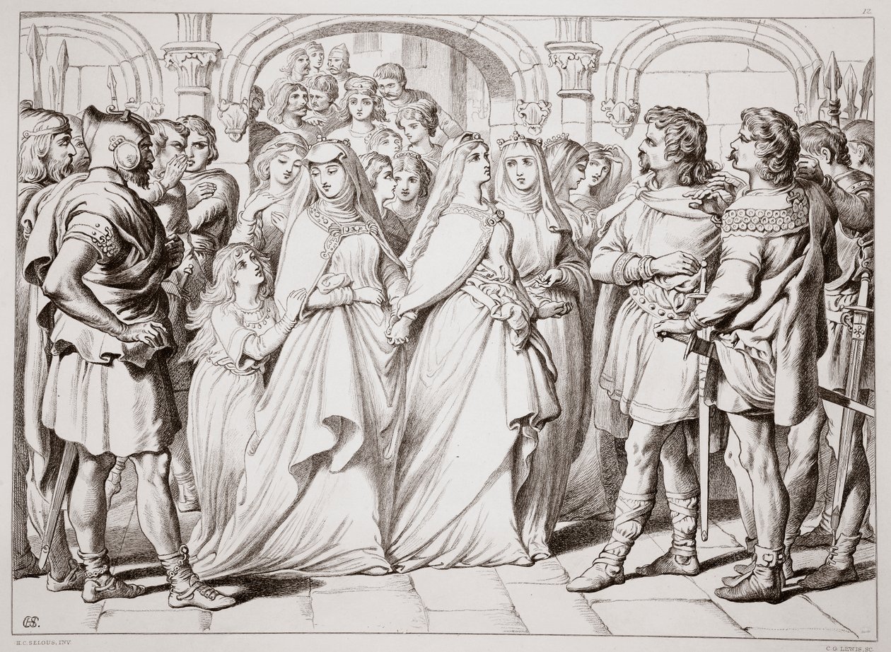 Alftruda uznává Herewarda, ilustrace z Hereward the Great od Charlese Kingsleyho, hospoda. 1870, vyryl C.G. Lewis (rytina ocelového plechu) od Henry Courtney Selous