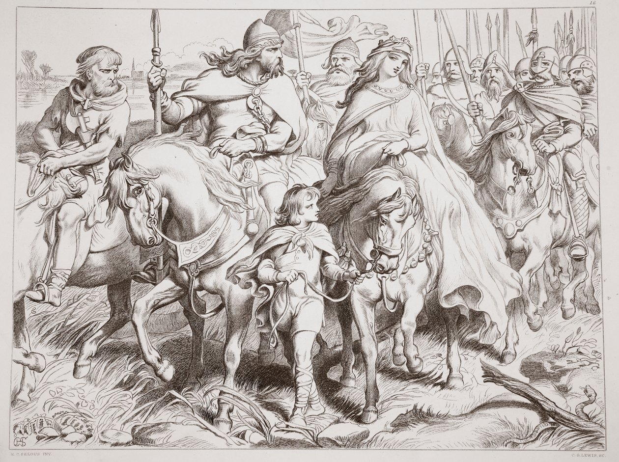 Hereward hlídá Alftrudu na bezpečné místo, ilustrace z Hereward the Great od Charlese Kingsleyho, hospoda. 1870, vyryl C.G. Lewis (rytina ocelového plechu) od Henry Courtney Selous
