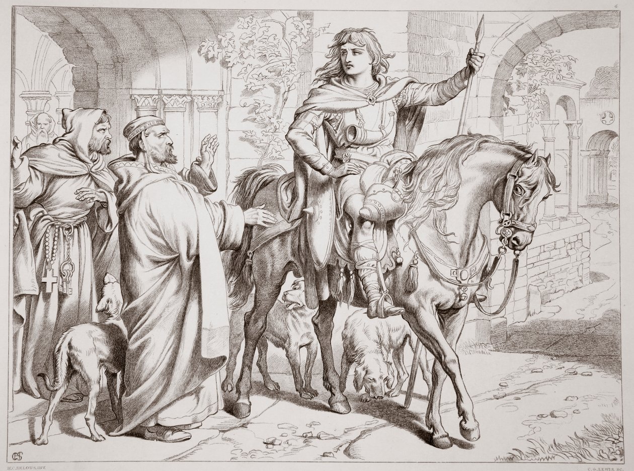 Hereward informuje svého strýce převora, že se chystá být postaven mimo zákon, ilustrace z Hereward the Great od Charlese Kingsleyho, hospoda. 1870, vyryl C.G. Lewis (rytina ocelového plechu) od Henry Courtney Selous