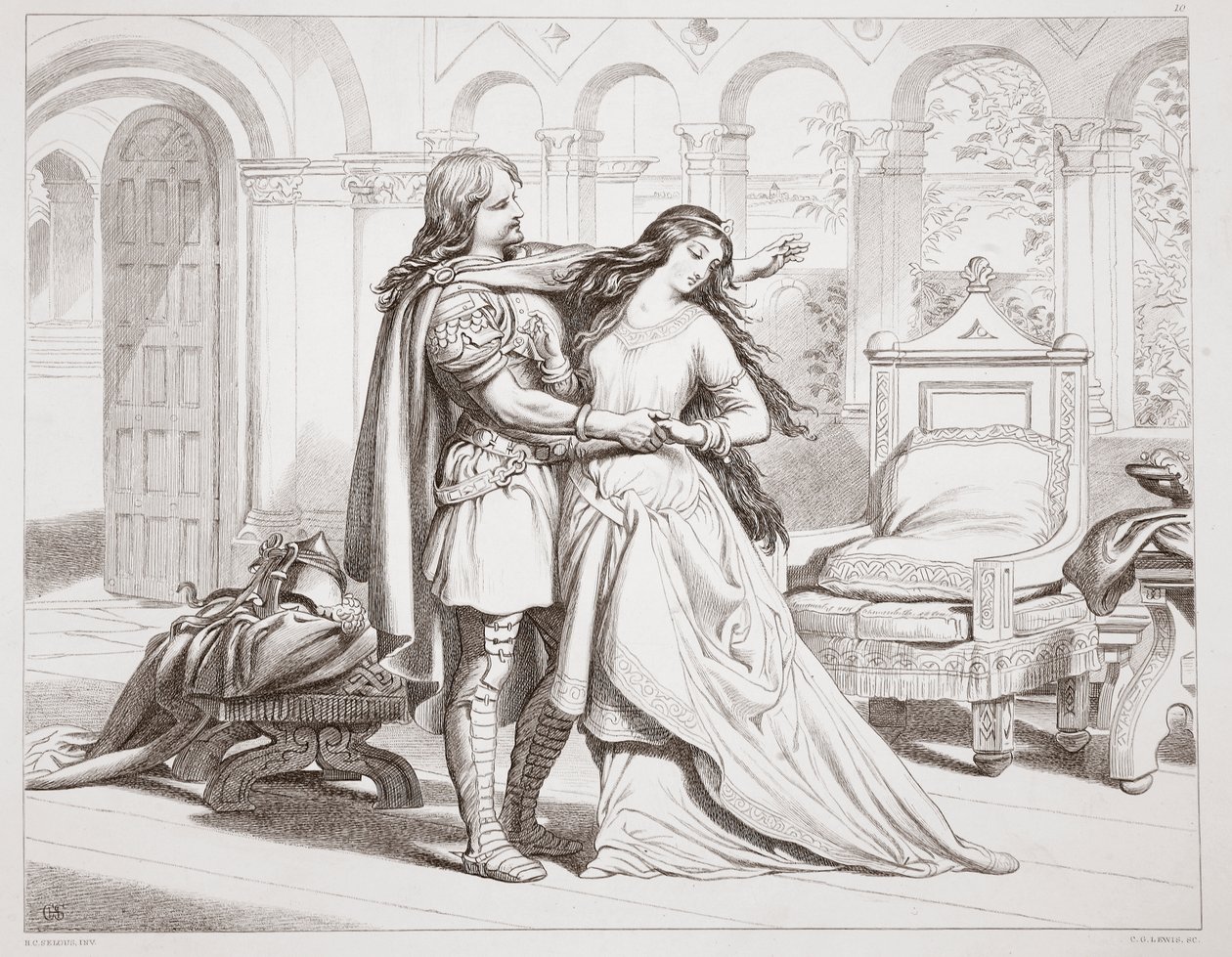 Herewardův první rozhovor s Torfridou, ilustrace z knihy Hereward the Great od Charlese Kingsleyho, vyd. 1870, vyryl C. G. Lewis (rytina z ocelové desky) od Henry Courtney Selous