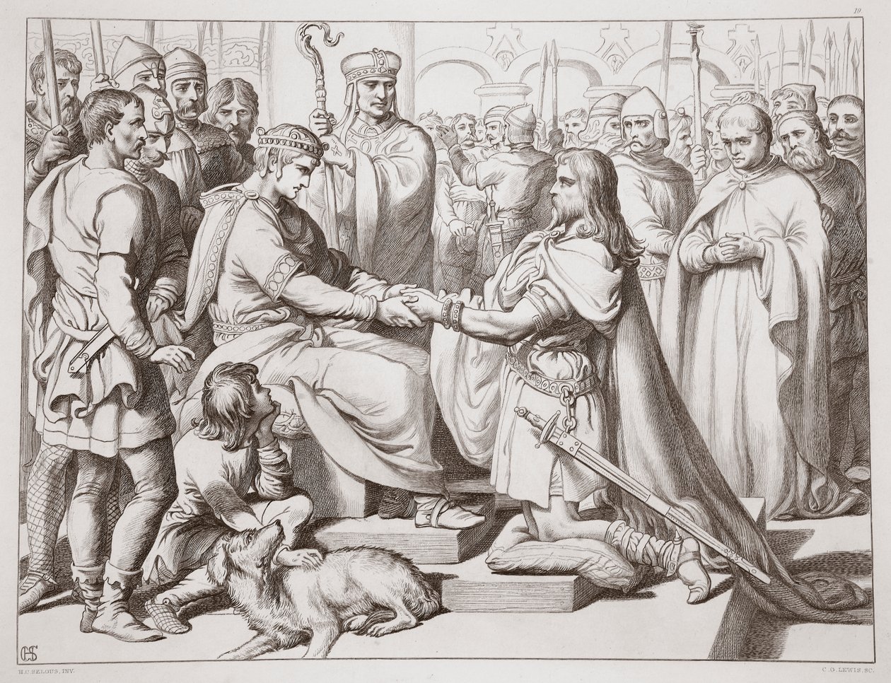 Jak Hereward přišel ke králi, ilustrace z Herewarda Velikého od Charlese Kingsleyho, hospoda. 1870, vyryl C.G. Lewis (rytina ocelového plechu) od Henry Courtney Selous