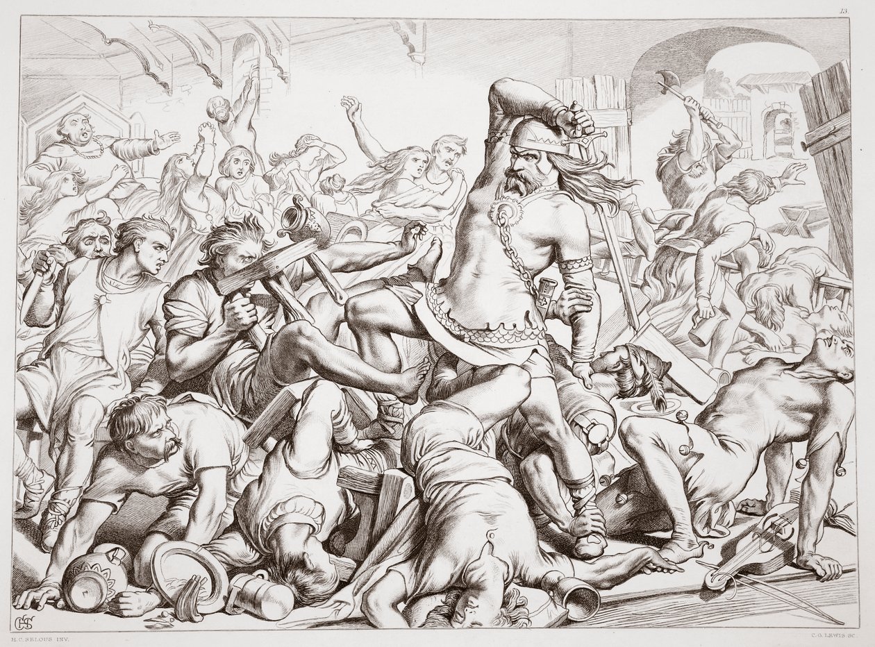 Jak Hereward vyčistil Bournea od Francouzů, ilustrace z Herewarda Velikého od Charlese Kingsleyho, hospoda. 1870, vyryl C.G. Lewis (rytina ocelového plechu) od Henry Courtney Selous