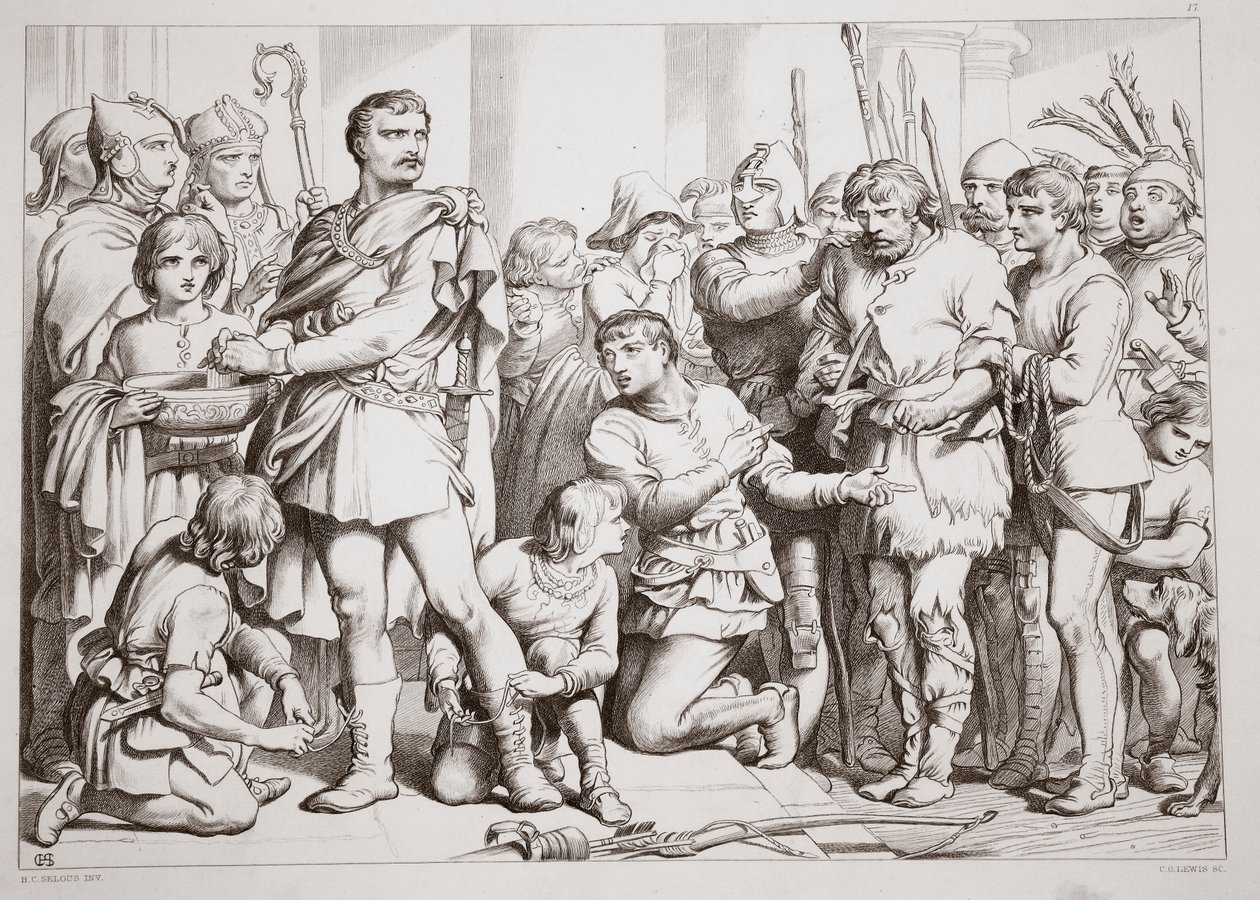 Jak si Hereward hrál na hrnčíře a podváděl krále, ilustrace z Herewarda Velikého od Charlese Kingsleyho, hospoda. 1870, vyryl C.G. Lewis (rytina ocelového plechu) od Henry Courtney Selous