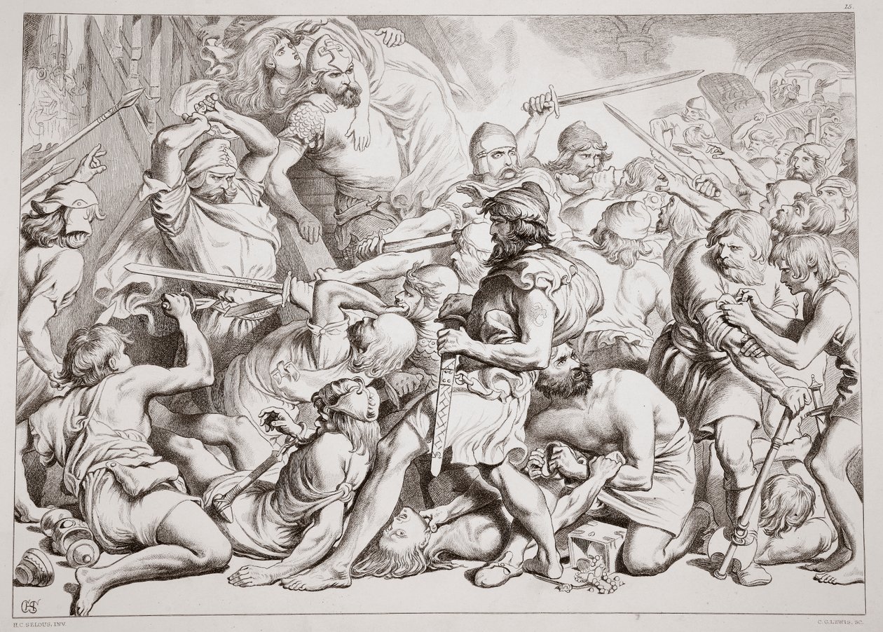 Jak Hereward zachraňuje Alftrudu, ilustrace z Hereward the Great od Charlese Kingsleyho, hospoda. 1870, vyryl C.G. Lewis (rytina ocelového plechu) od Henry Courtney Selous