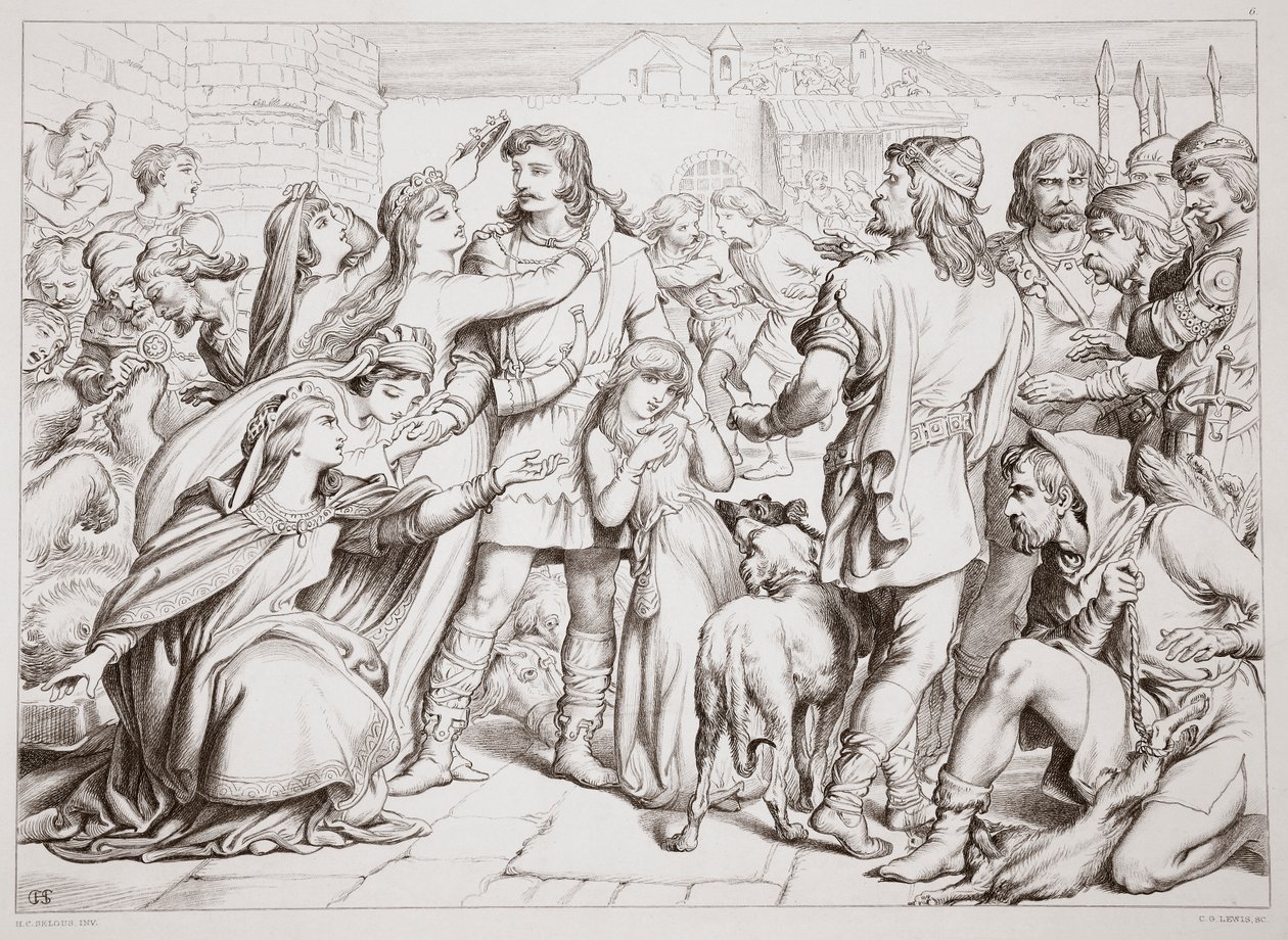 Jak Hereward zabil medvěda, ilustrace z knihy Hereward the Great od Charlese Kingsleyho, vyd. 1870, vyryl C. G. Lewis (rytina z ocelové desky) od Henry Courtney Selous