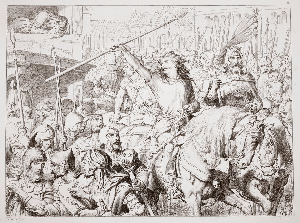 Jak Hereward změnil Berserkera, ilustrace z Hereward the Great od Charlese Kingsleyho, hospoda. 1870, vyryl C.G. Lewis (rytina ocelového plechu) od Henry Courtney Selous