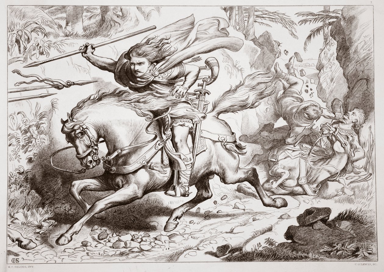 Jak byl Hereward chycen do pasti, ilustrace z Hereward the Great od Charlese Kingsleyho, hospoda. 1870, vyryl C.G. Lewis (rytina ocelového plechu) od Henry Courtney Selous