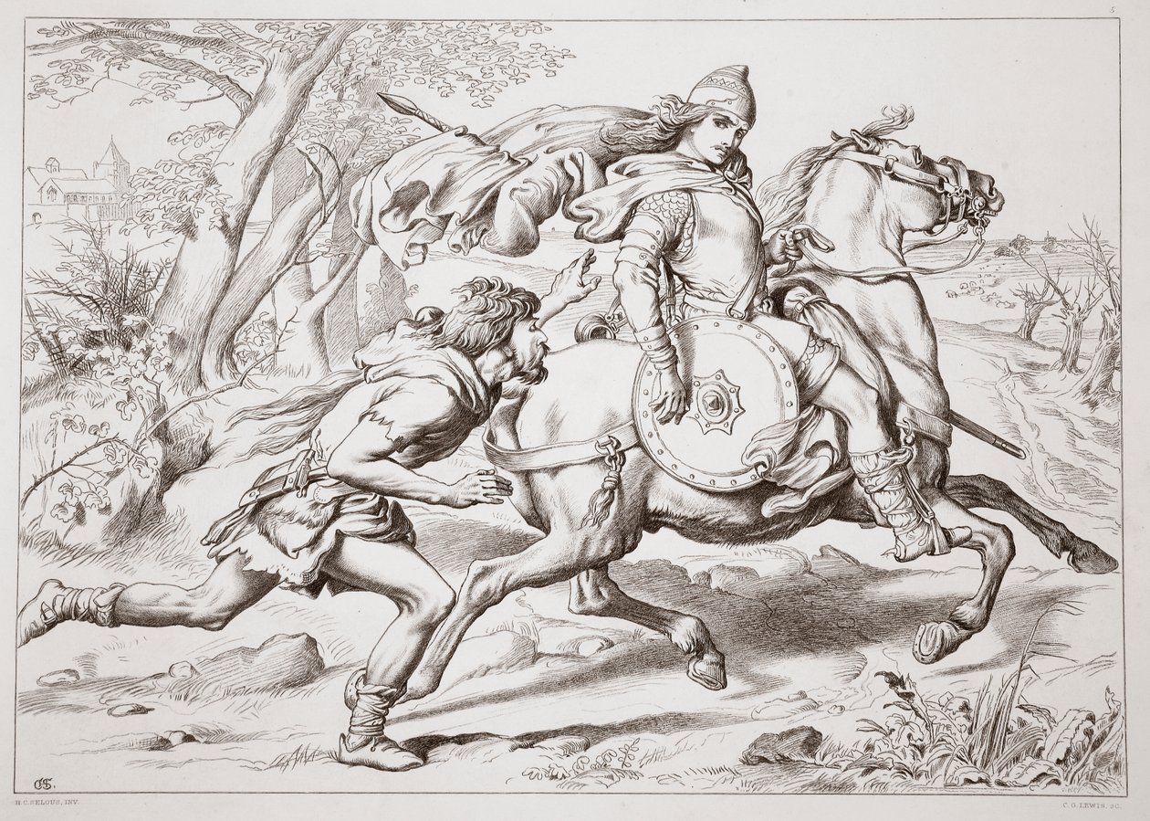 Jak Martin Lightfoot předbíhá Herewarda, ilustrace z Hereward the Great od Charlese Kingsleyho, hospoda. 1870, vyryl C.G. Lewis (rytina ocelového plechu) od Henry Courtney Selous