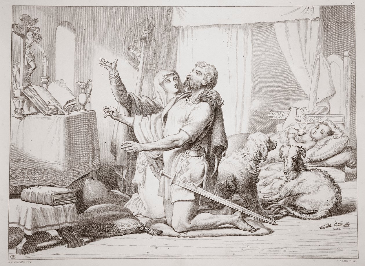 Jak Torfrida učí Herewarda modlit se, ilustrace z Herewarda Velikého od Charlese Kingsleyho, hospoda. 1870, vyryl C.G. Lewis (rytina ocelového plechu) od Henry Courtney Selous