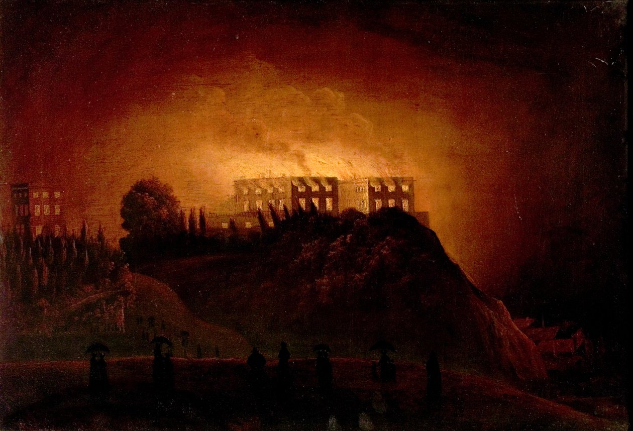 Nottingham Castle on Fire, 10. října 1831, polovina 19. století od Henry Dawson