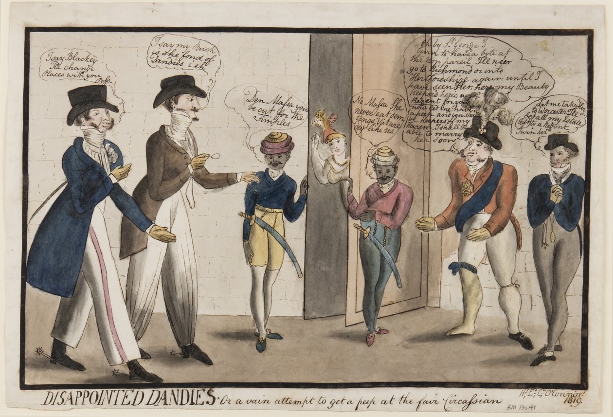 Zklamaní Dandies: Aneb marný pokus nahlédnout do čerkeského veletrhu, 1819 (pero, štětec, inkoust a wc na papíře) od Henry E. O. OConnor