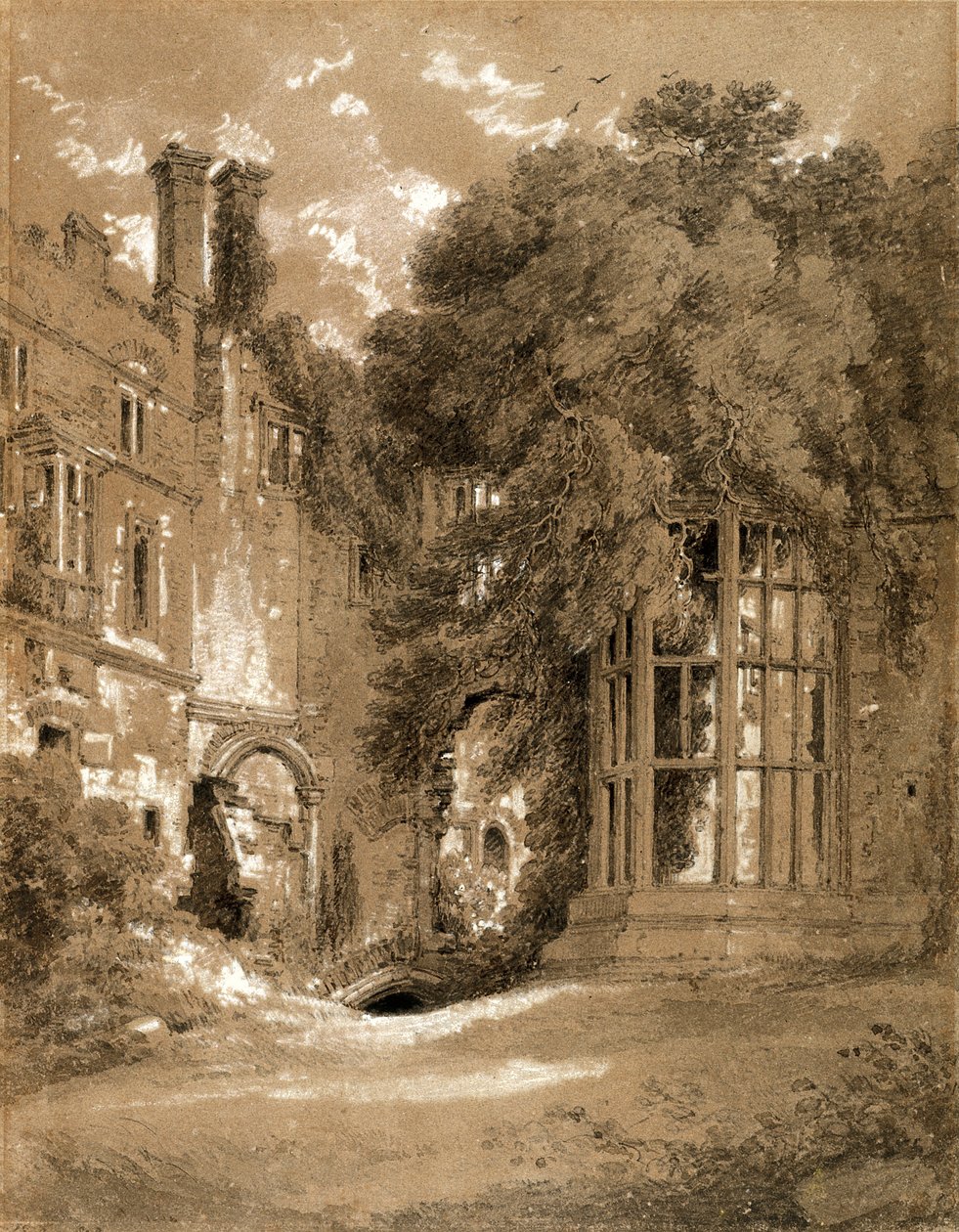 Kenilworth Castle (černá křída s šedým lemováním zvýrazněným bílou na hnědém papíře) od Henry Edridge