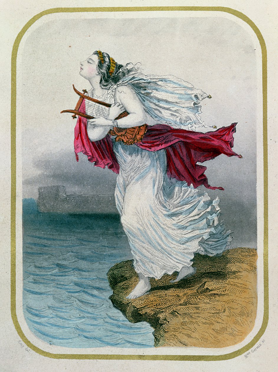 Básnířka Sapfó, vrhající se do moře, vyryla Mme Gervais, 1849 od Henry Emy