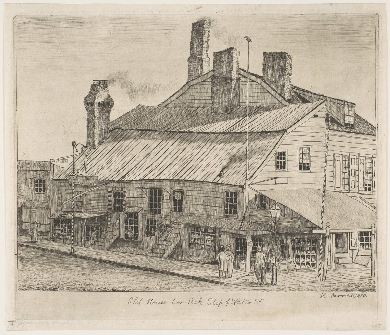 Starý dům, roh Peck Slip a Water Street, z „Výjevů starého New Yorku“ od Henry Farrer