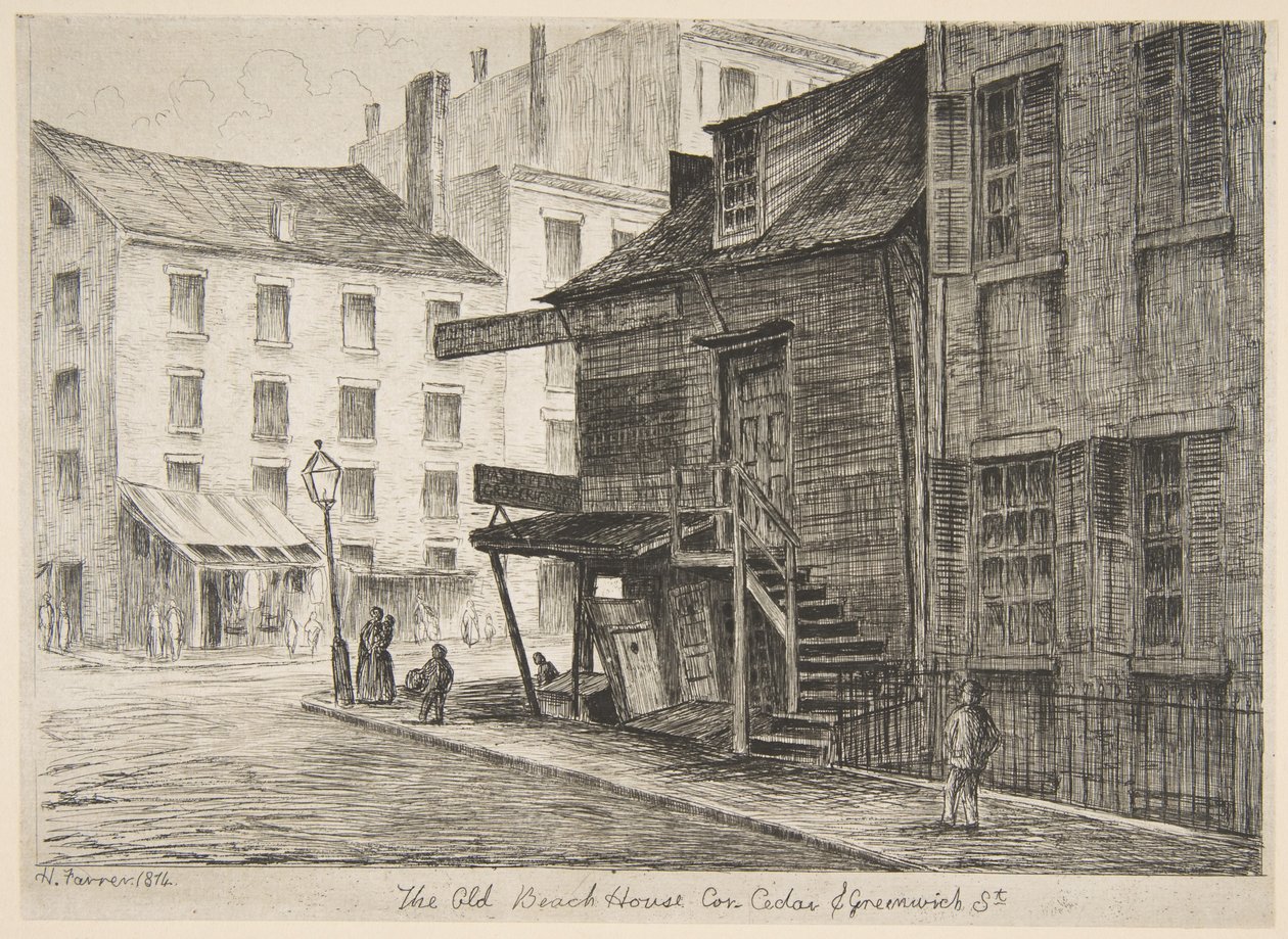 Starý plážový dům, roh Cedar Street a Greenwich Street, ze série „Výjevy ze starého New Yorku“ od Henry Farrer