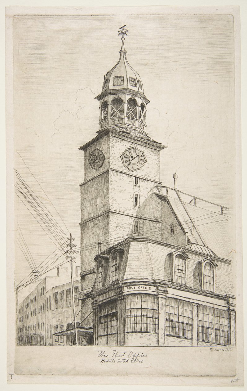 Pošta, Middle Dutch Church, z „Výjevů starého New Yorku“ od Henry Farrer