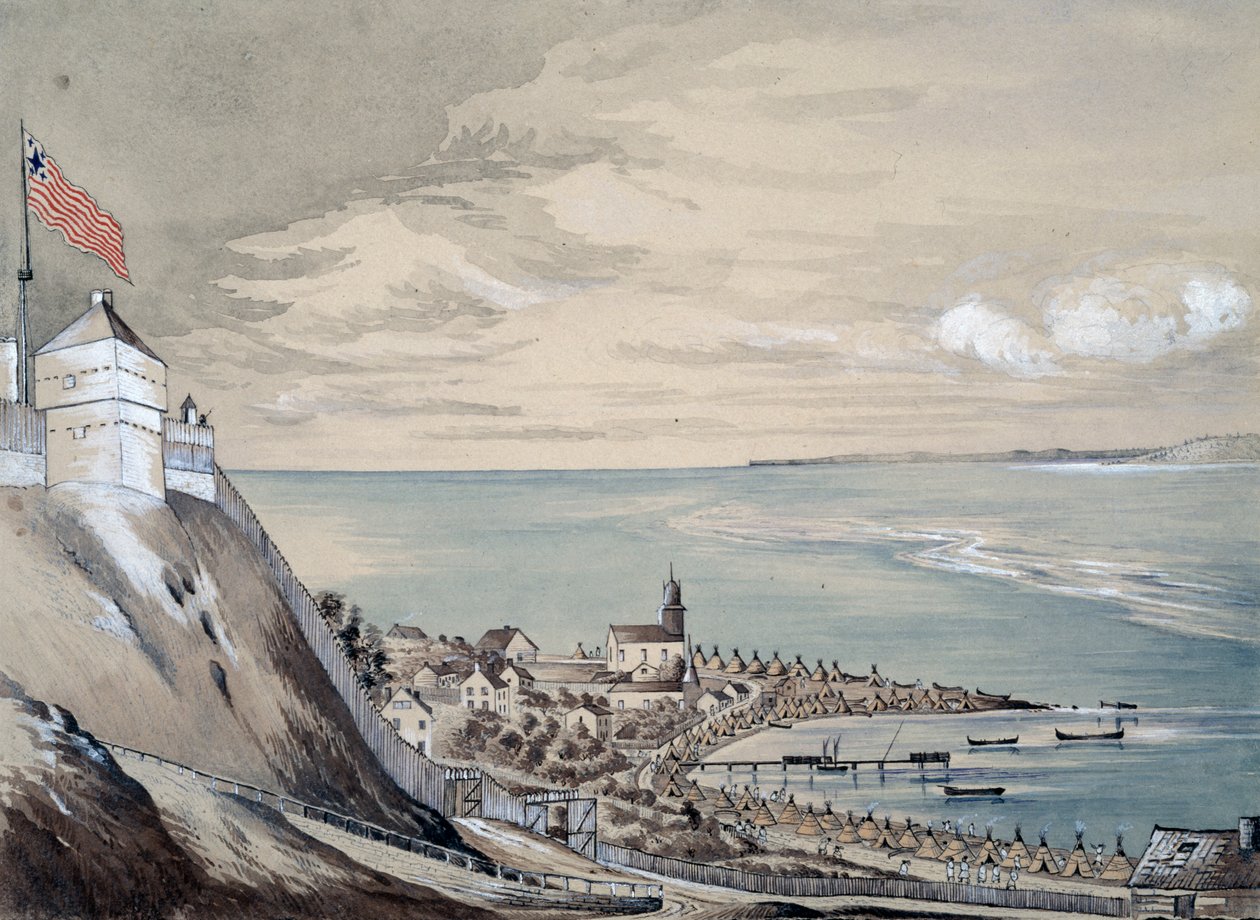 Pevnost a vesnice Mackinaw, s indiánským táborem, září 1842 (wc na papíře) od Henry Francis Ainslie