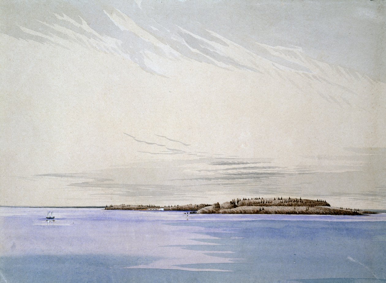 Old Mackinaw, s francouzskou pevností, 1842 (wc na papíře) od Henry Francis Ainslie
