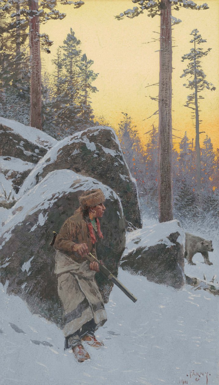 The Indian Bear Hunter, 1911 (akvarel na papíře připevněný na palubě) od Henry Francois Farny