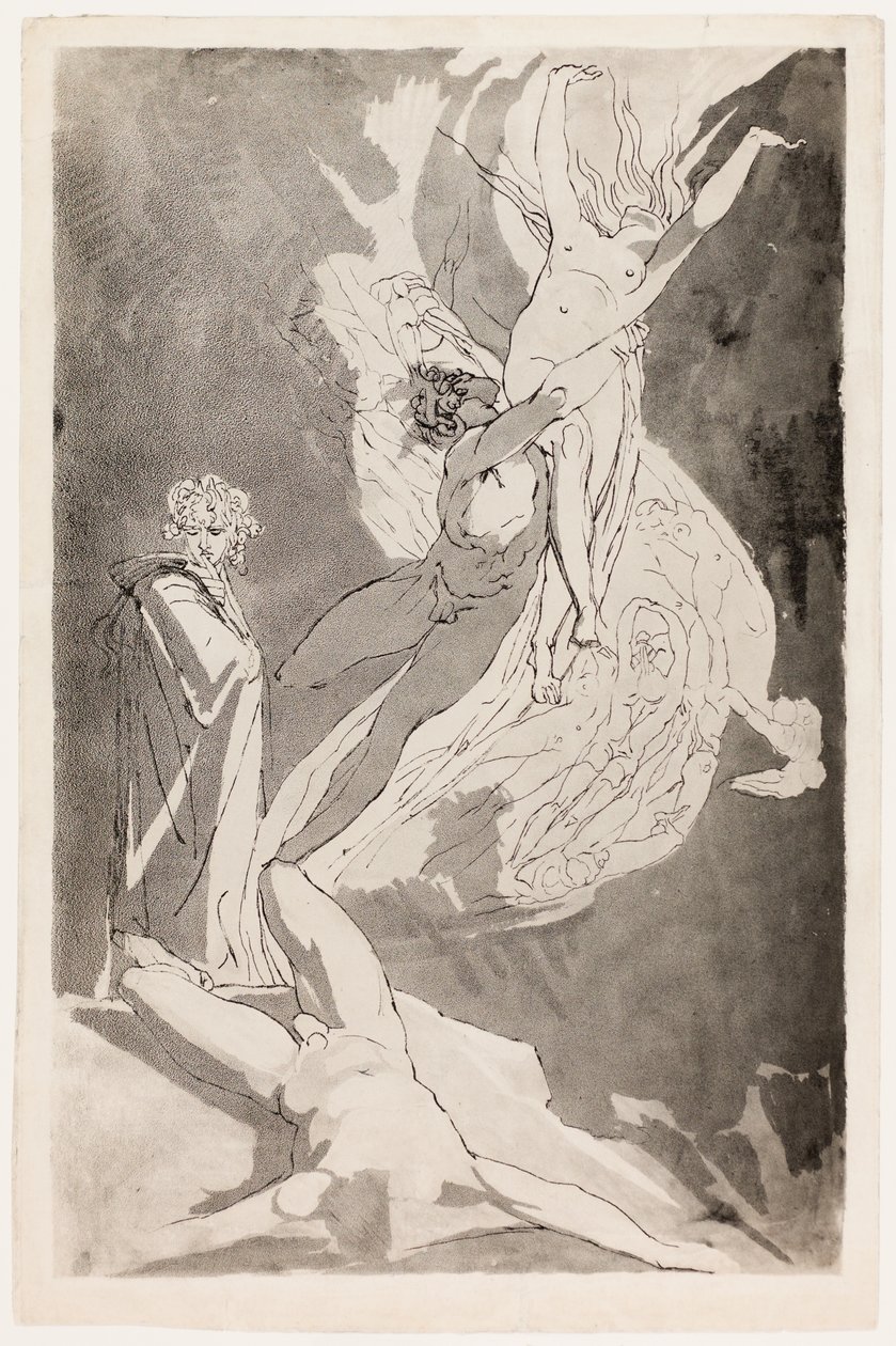 Dante mdloby před vznášejícími se dušemi Paola a Francescy, Virgil po jeho boku od Johann Heinrich Füssli
