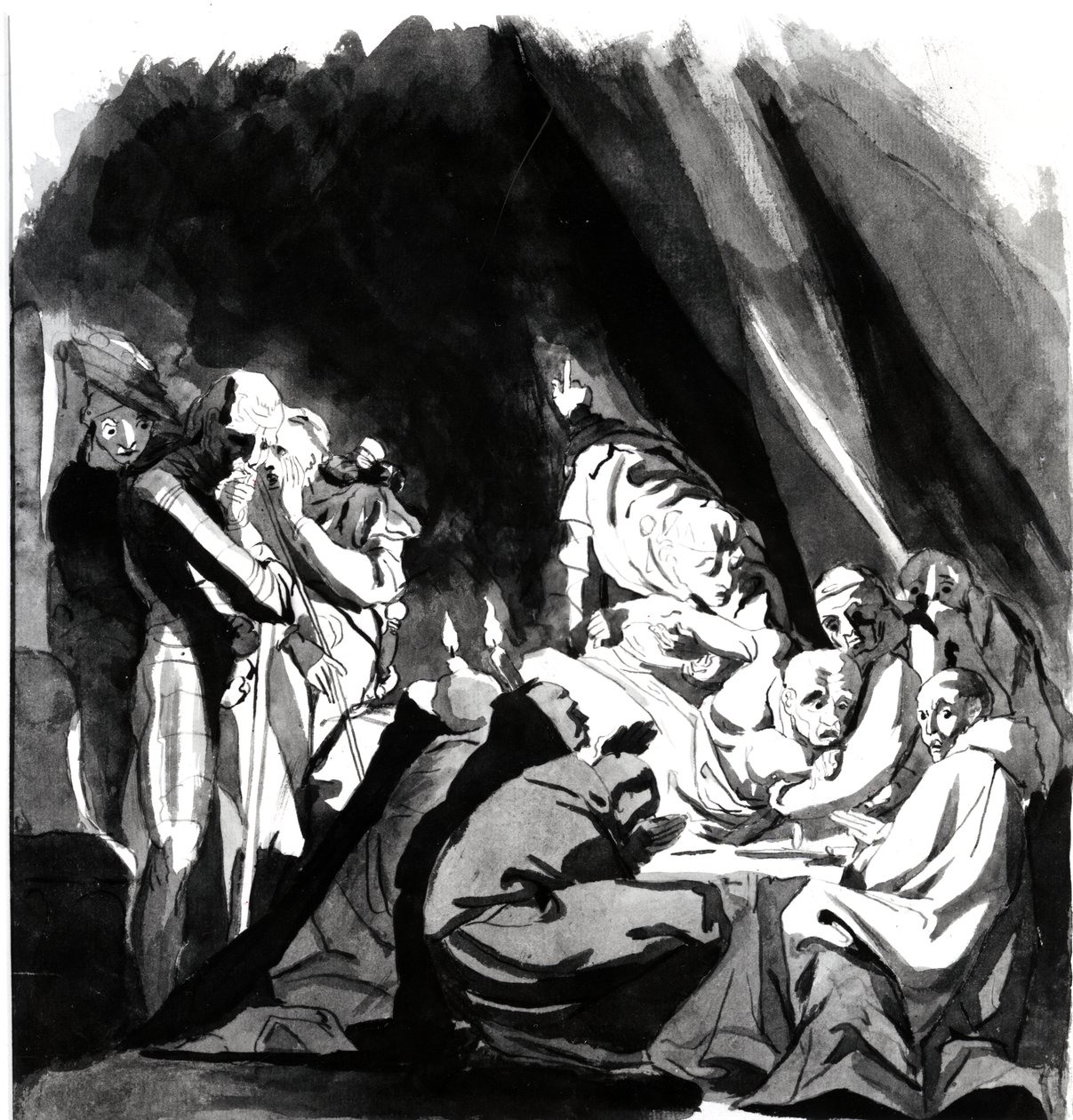 Smrt kardinála Beauforta, ilustrace ze Shakespearova ‚Henry VI‘, 1772 (pero, inkoust a mytí na papíře) od Johann Heinrich Füssli