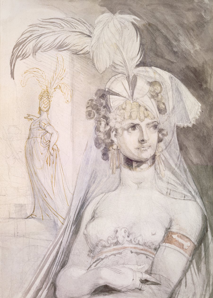 Poloviční postava kurtizány s peřím, mašlí a závojem ve vlasech, 1800-10 (tužka, wc a inkoust na papíře) od Johann Heinrich Füssli