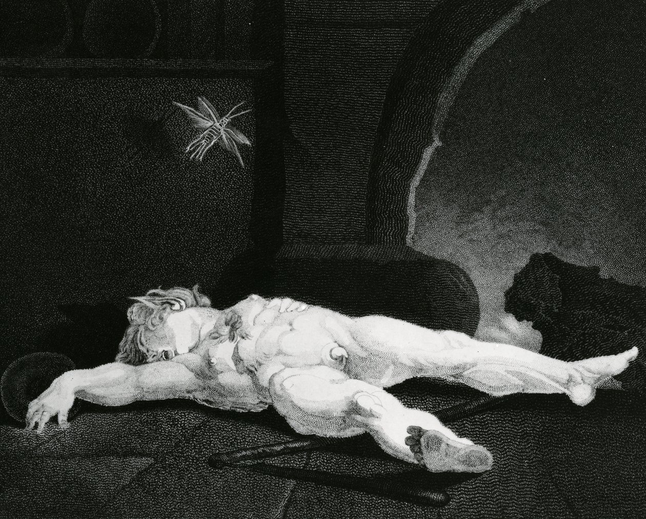 Puck Basking Asleep Before the Country Hearth, vyrytý Moses Haughton Jr. od Johann Heinrich Füssli
