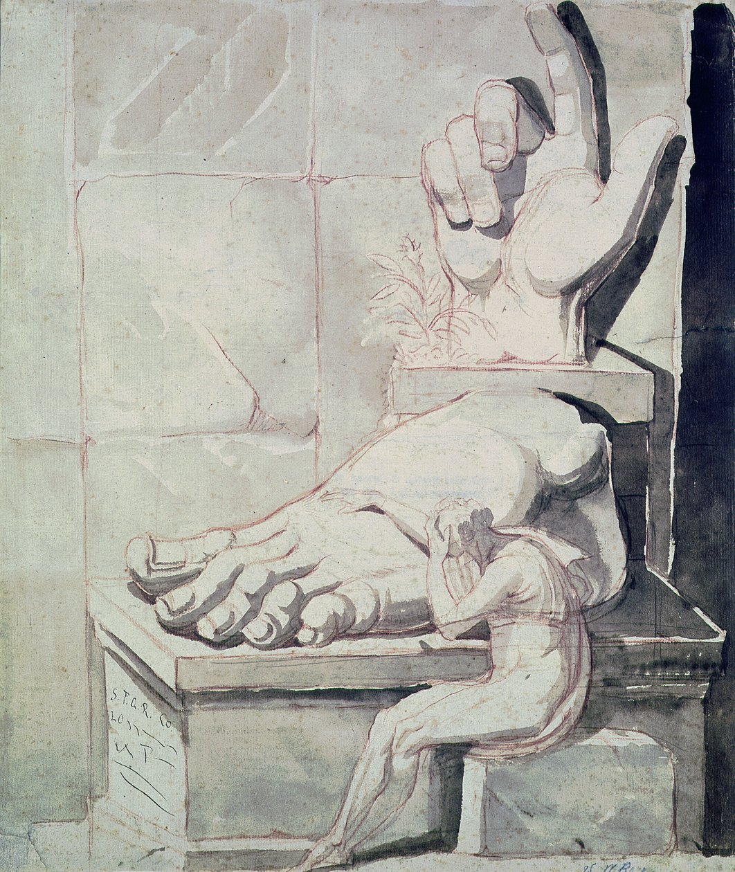 Umělec v zoufalství nad velikostí starožitných fragmentů (pravá ruka a levá noha Konstantinova kolosu) 177880 (červená křída a sépie omyté na papíře) od Johann Heinrich Füssli
