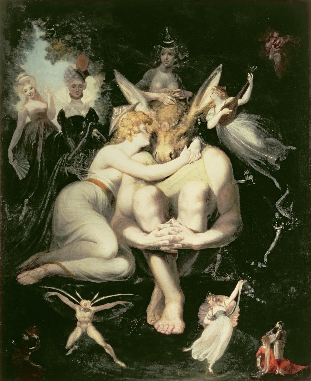 Titania se probouzí, obklopená vílami, nadšeně se drží dna, stále s hlavou osla, 1793-4 od Johann Heinrich Füssli