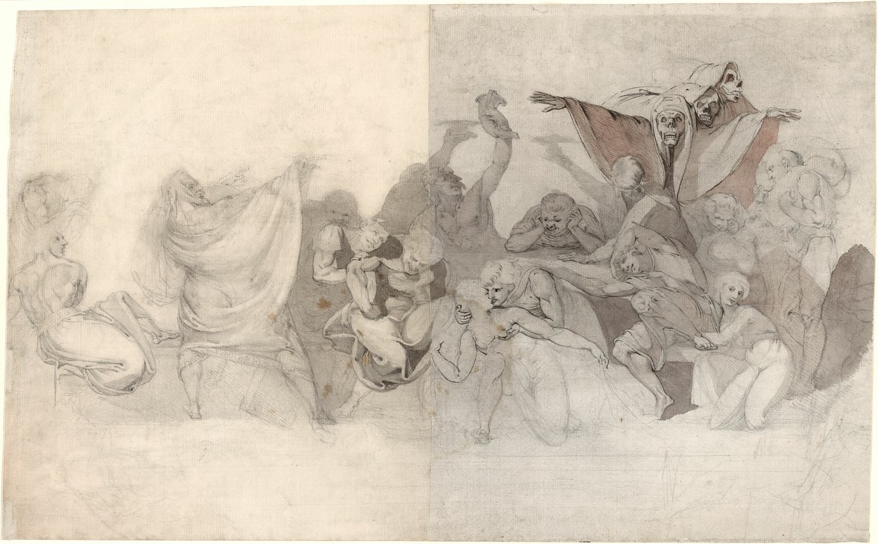 Triumph of Death: Tři kostlivci napadající bakchanal řízený kouzelníkem nebo zlým démonem od Johann Heinrich Füssli