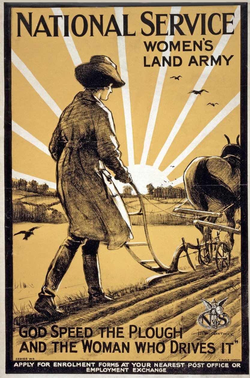 Národní služba Ženské pozemní armády, Bůh pomáhej pluhu a ženě, která ho řídí, hospoda. Londýn, cca 1917 od Henry George Gawthorn