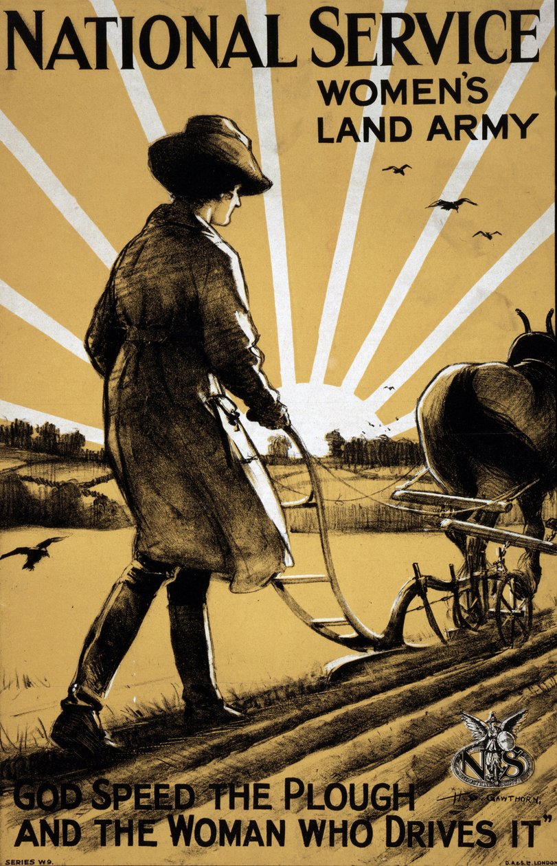 První světová válka: „Mladá žena orá půdu““ propagandistický plakát pro ženskou pozemní armádu 1917 Ilustrace Henry George Gawthorn (1879-1941) DR od Henry George Gawthorn