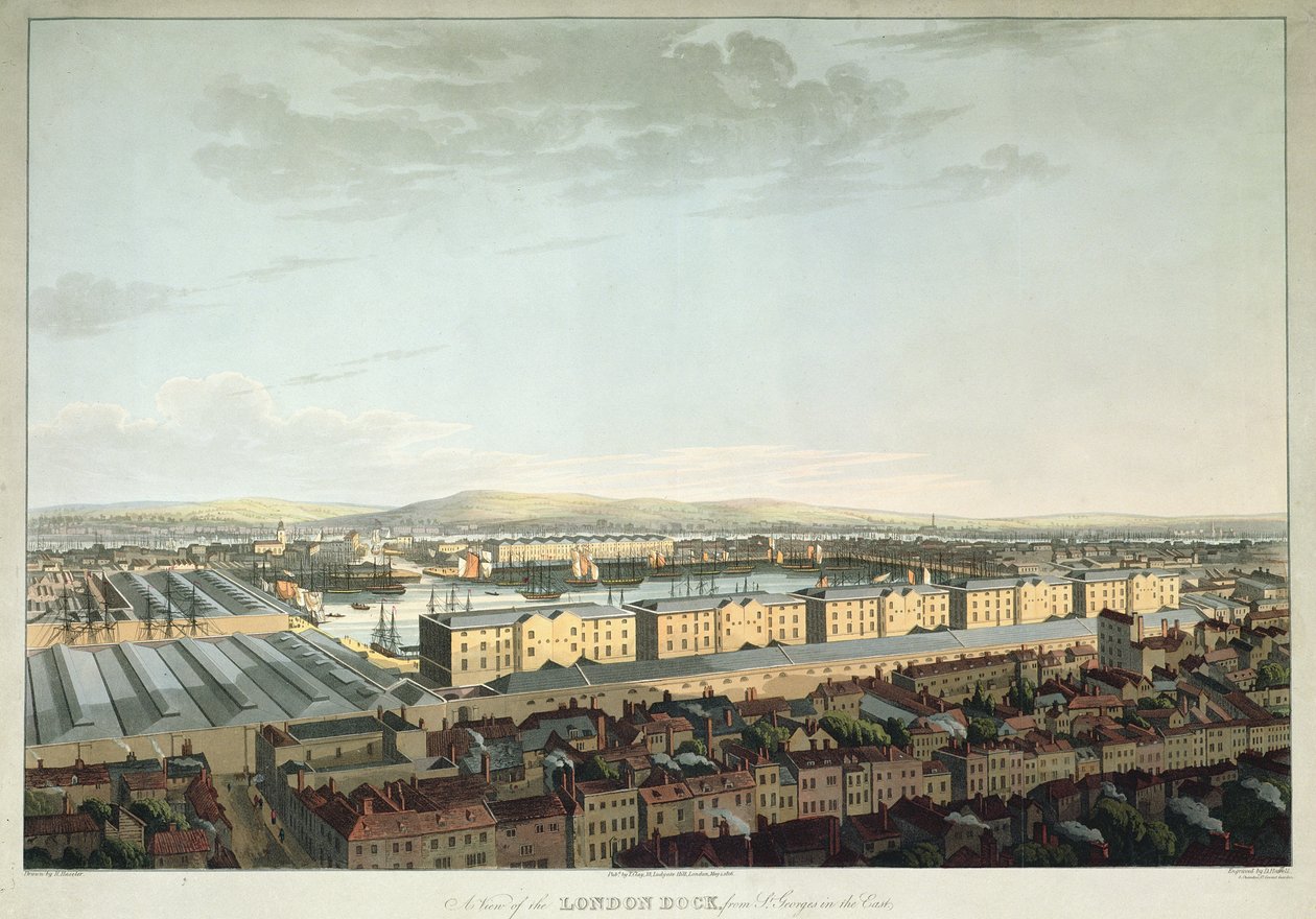 Pohled na londýnský dok ze St. Georges-in-the-East, vyryl Daniel Havell, hospoda. od T. Claye, 1816 (akvatinta) od Henry Haseler