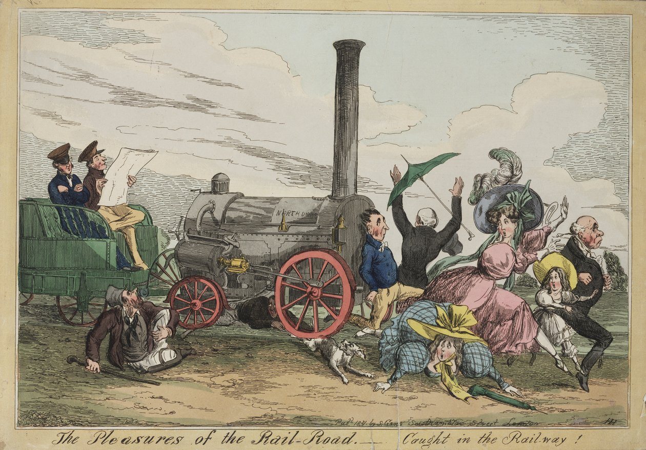 The Pleasures of the Rail Road - Caught in the Railway!, kolem 1840 (ručně kolorovaný lept) od Henry Heath