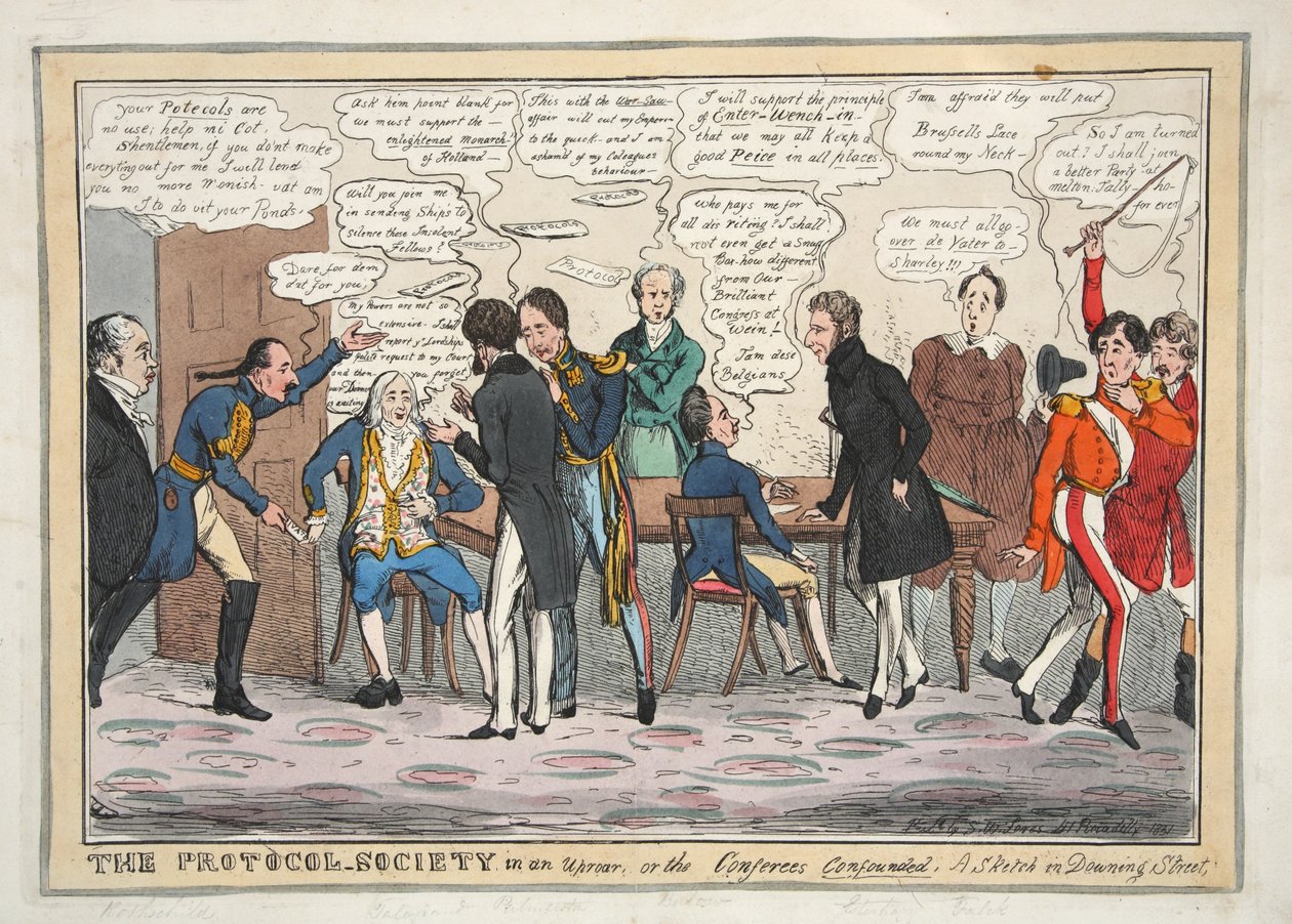 Protokolová společnost v rozruchu aneb Conferees Confounded. A Sketch in Downing Street, hospoda. 1831 (ručně kolorovaná rytina) od Henry Heath