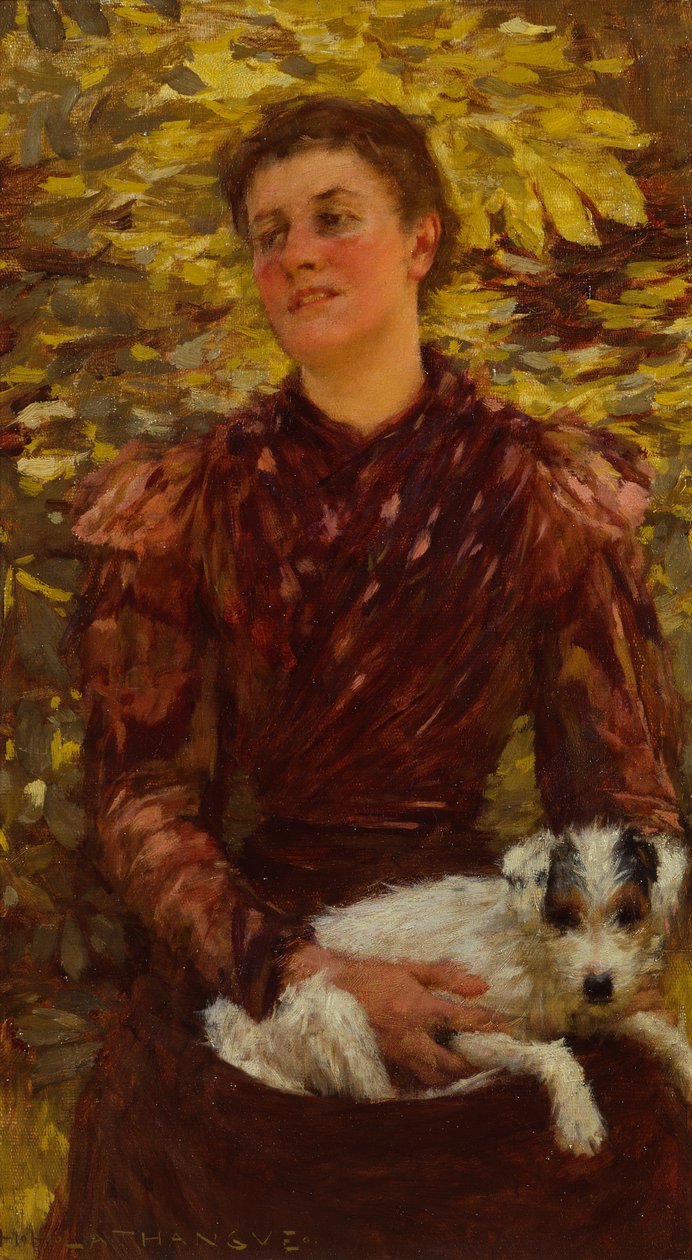 Mladá dívka se psem (olej na plátně) od Henry Herbert La Thangue