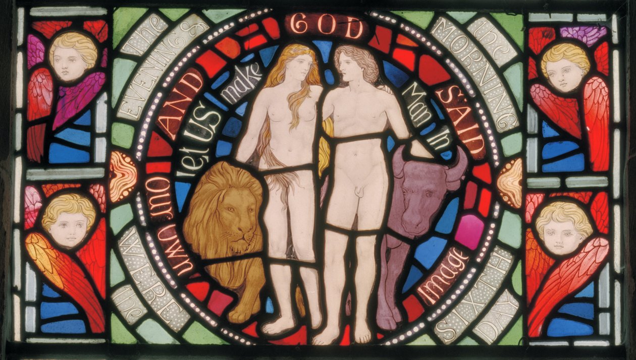 Adam a Eva, Benedicite Detail okna, kolem roku 1895 (vitráže) od Henry Holiday