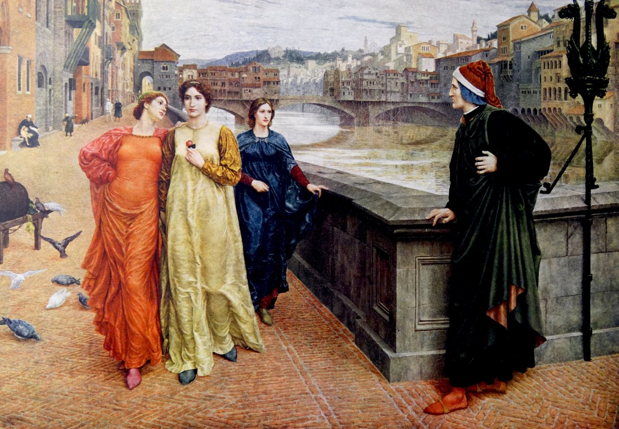Dante Alighieri se setkává se svou múzou Beatricí Portinari ve Firenze od Henry Holiday