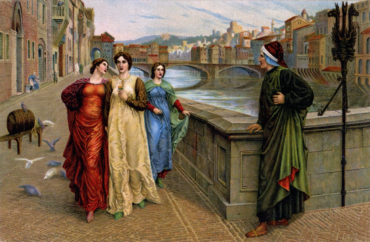 Dante Alighieri se setkává se svou múzou Beatricí Portinari ve Firenze, asi 1890 (tisk) od Henry Holiday