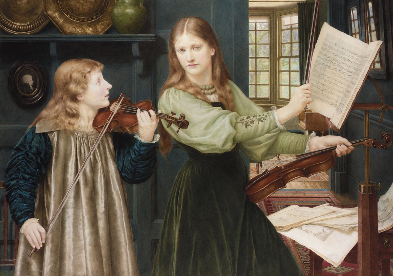 Prerafaelské malby: Duet par Holiday, Henry (1839-1927). Akvarel na kartonu, 78x108. Soukromá sbírka od Henry Holiday