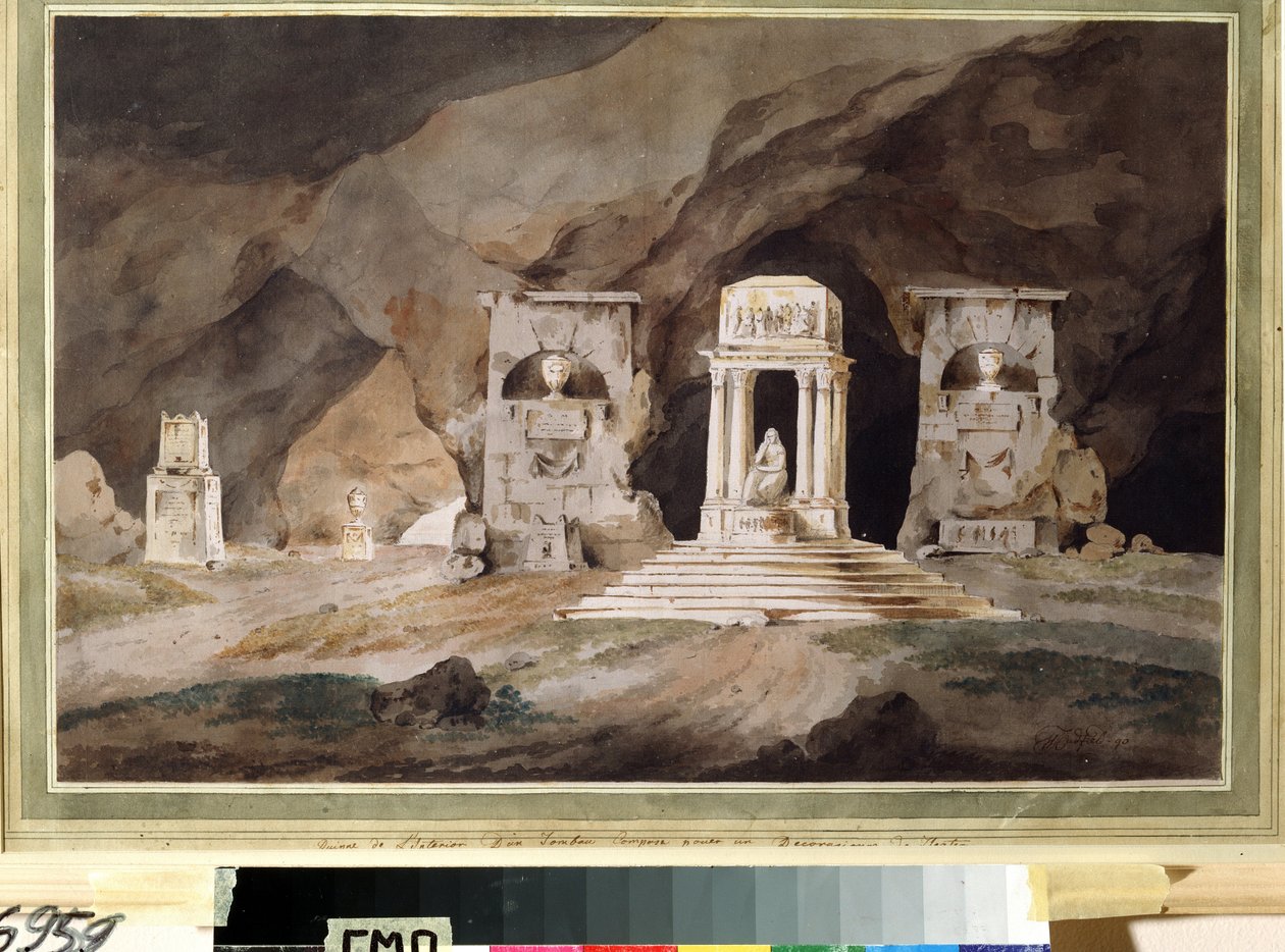 ""Hřbitov"" (Starý hřbitov) Výzdoba divadla nakreslená akvarelem Henry Hudfield (18. století) 1790 Museum Palace Theatre Ostankino, Moskva od Henry Hudfield
